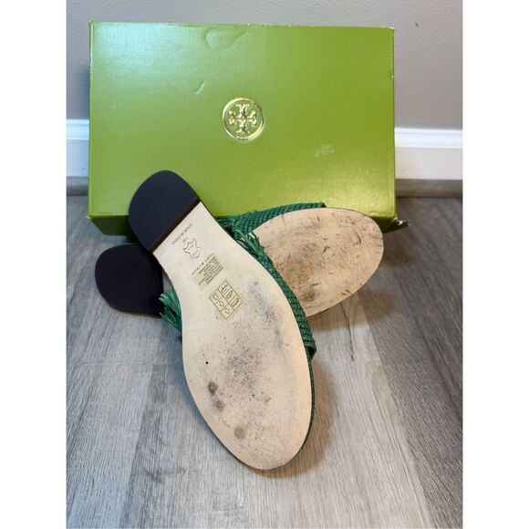 TORY BURCH Eleanor Raffia Double T Slide Sandals In Arugula Size 7 $328 - Picture 7 of 8
